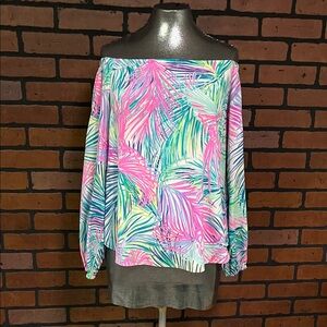 Lilly Pulitzer Pink and Green Off-Shoulder Blouse 90% silk